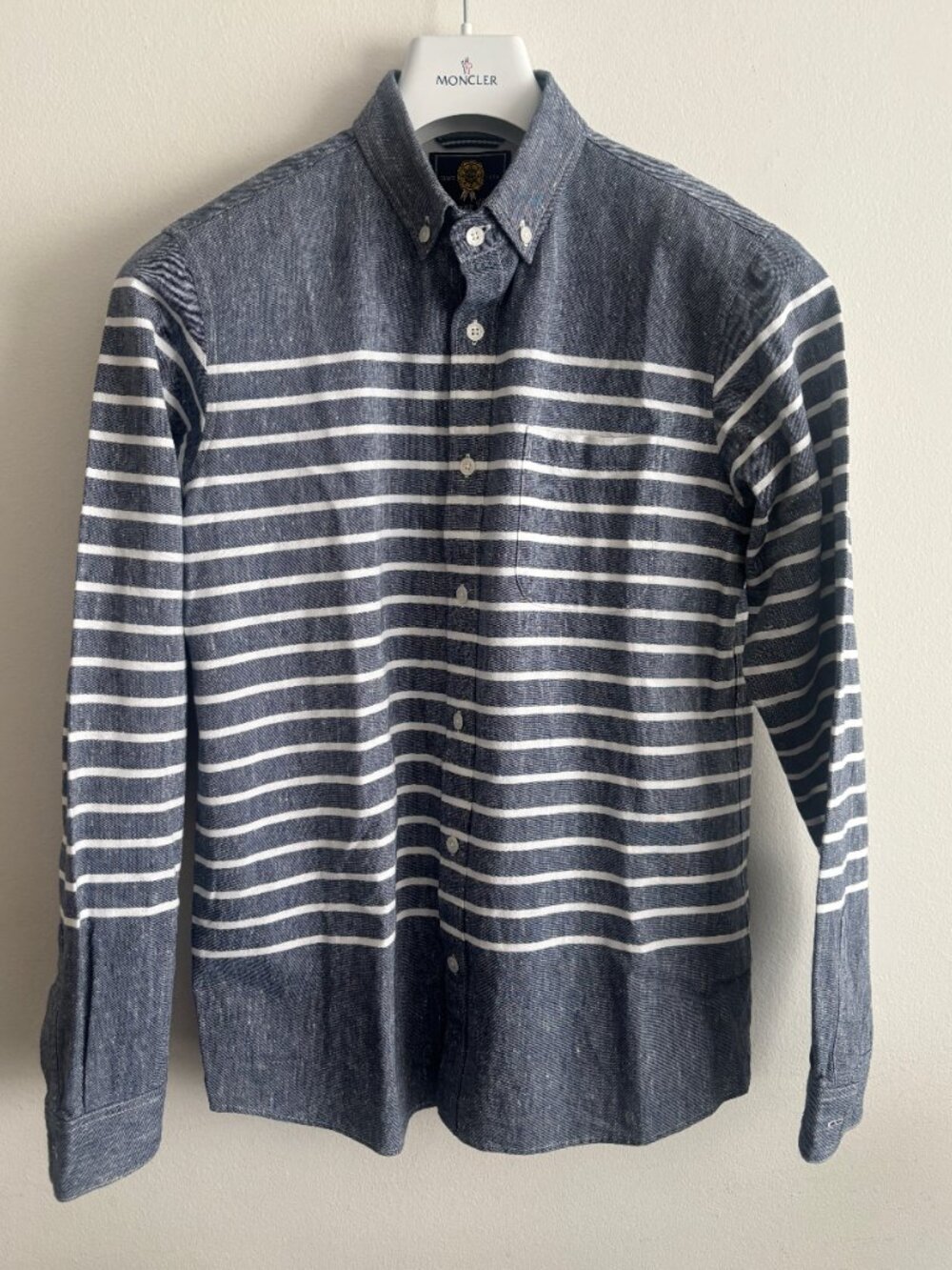 $275 Beams Japan Blue Chambray Horizontal White Stripe OCBD Shirt - Small/Medium